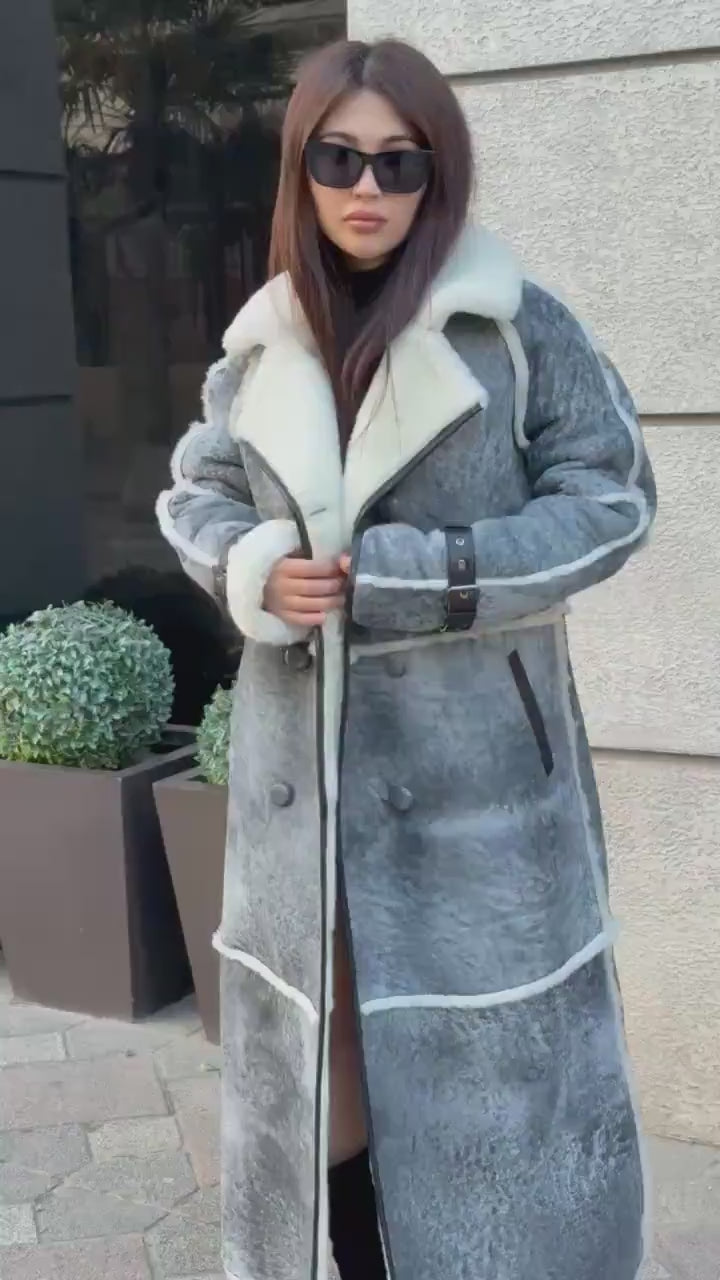 Handmade Grey Shearling Coat: Long Lambskin Jacket with White Wool Lining