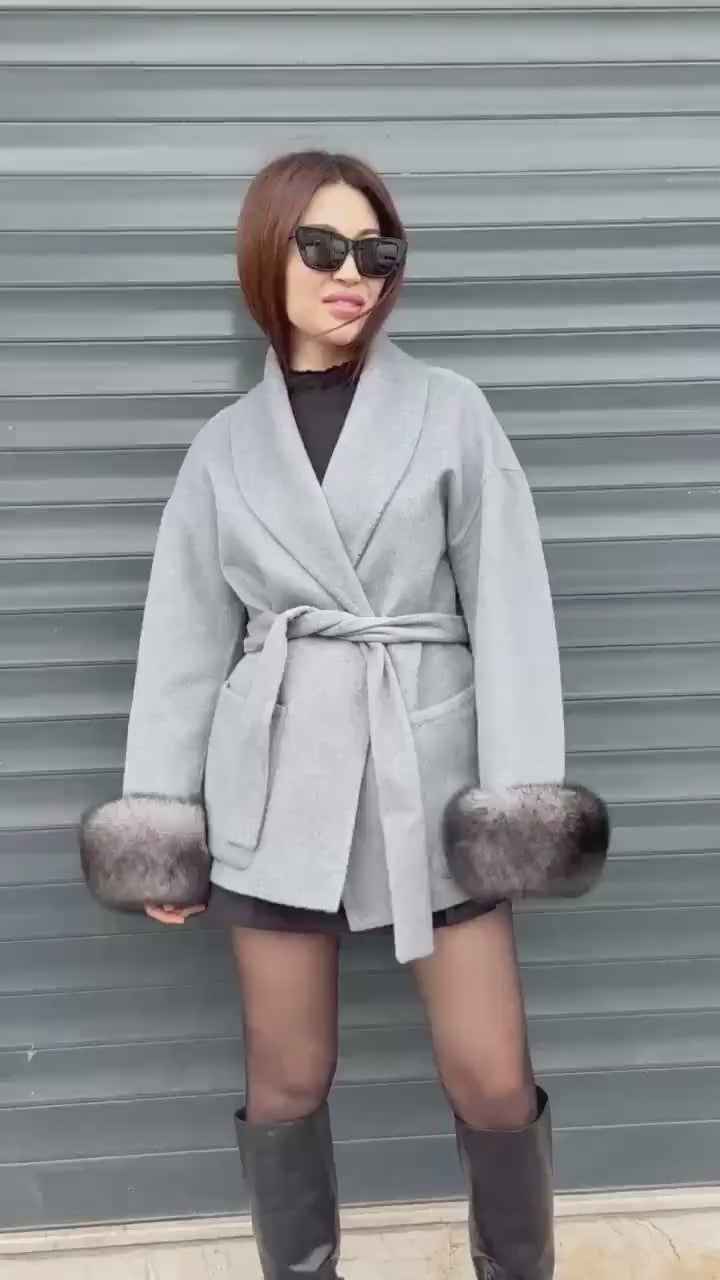 Gray Short Alpaca Wool Coat, Women Fox Fur Jacket. - Cuffs Fox Fur Jacket ..- Fox Fur