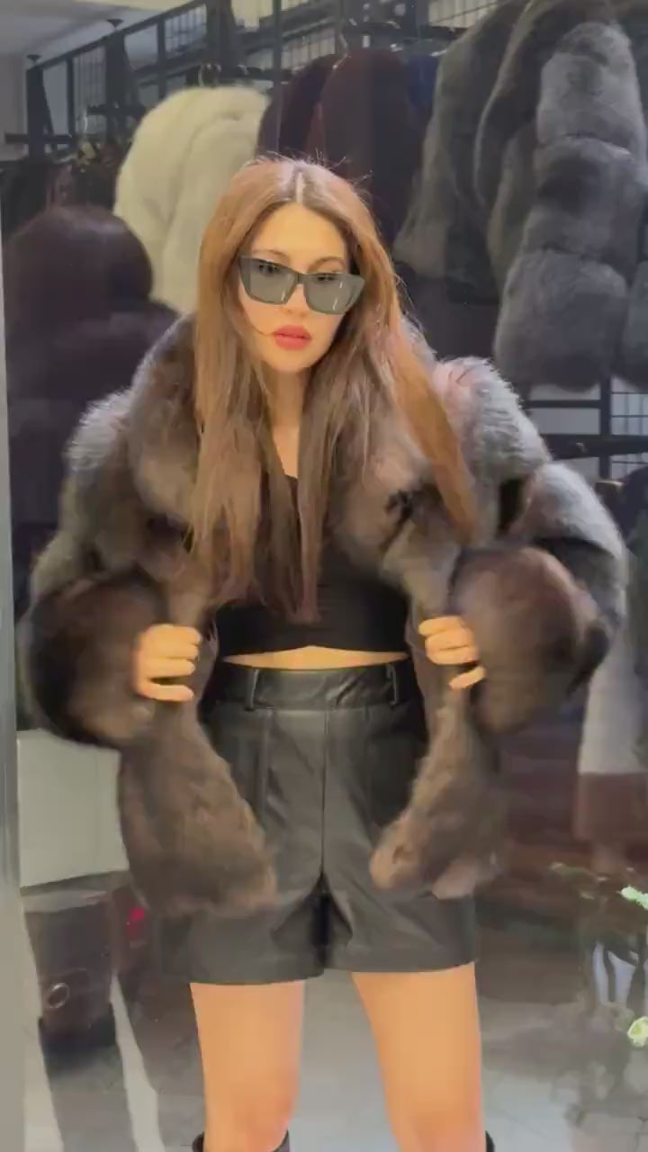 Women’s Brown Fox Fur Jacket: Limited Edition Sable Color Fur Coat. Short Fox Fur Jacket. Sable Brown Fox Fur Jacket