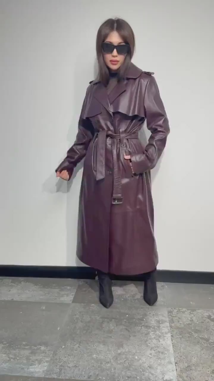 Burgundy Leather Trench Coat: Handmade Plus Size Women's Outerwear