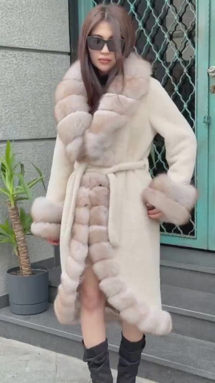 Beige Long Alcantara Coat, Front&Cuffs Fox Fur Jacket./ Women Fox Fur Jacket./ Long Fox Fur Coat./ Fox Fur