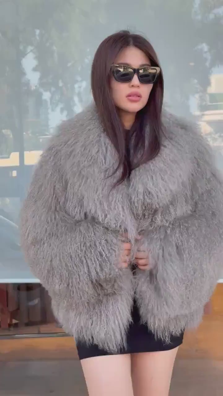 Women’s Gray Tibetan Fur Coat, Handmade Short Mongolian Shaggy Lamb Fur Jacket