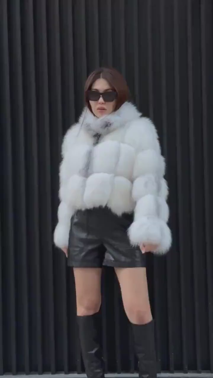 Women’s Arctic Fox Fur Jacket, Handmade Shadow White Fur Coat