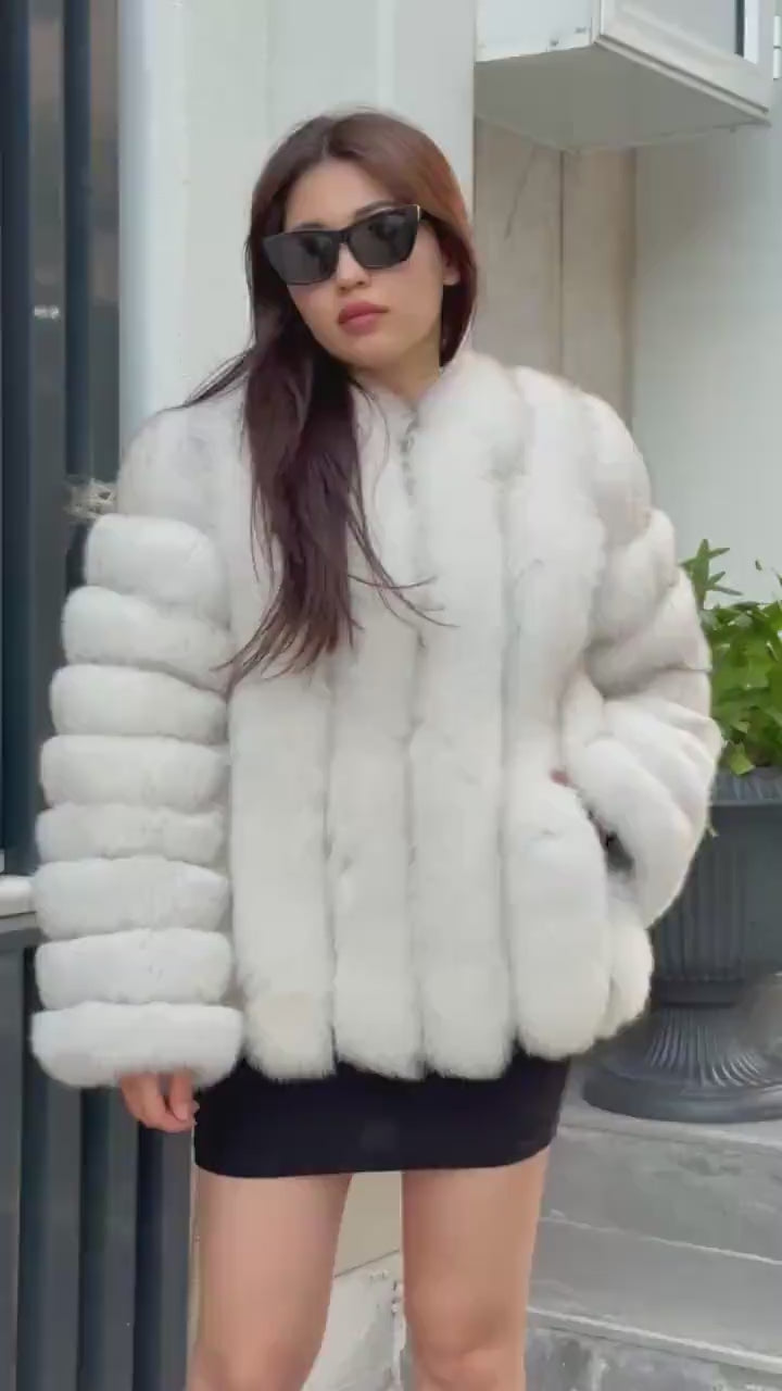 White Fox Fur Jacket, Women Fox Fur Jacket, Short Fox Fur Coat, Natural Fox Fur Jacket.— Fox Fur