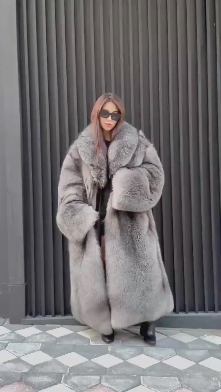 Luxury Silver Frost Fox Fur Coat, Unisex Handmade Winter Long Fox Fur Jacket, Men Fox Fur Coat, Women Fox Fur Jacket