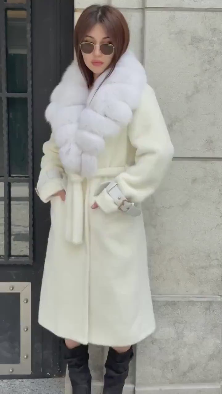 White Long Alcantara Coat, Collar - White Shadow Fox Fur Jacket, - Women Fox Fur Jacket… Fox Fur Jacket