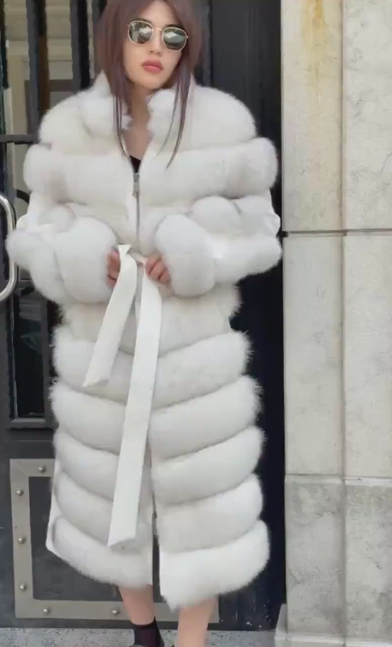 White Long Fox Fur Coat, Luxury Women’s Fur Cashmere Trim Jacket