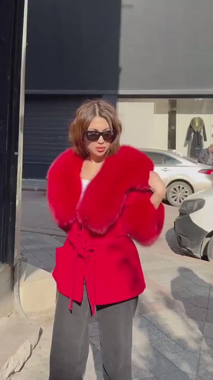 Red Cashmere Coat, Hood Cuffs Huge Fox Fur Jacket, Red Fox Fur Jacket..- Women Fox Fur Jacket.. Fox Fur.. Red Christmas Coat