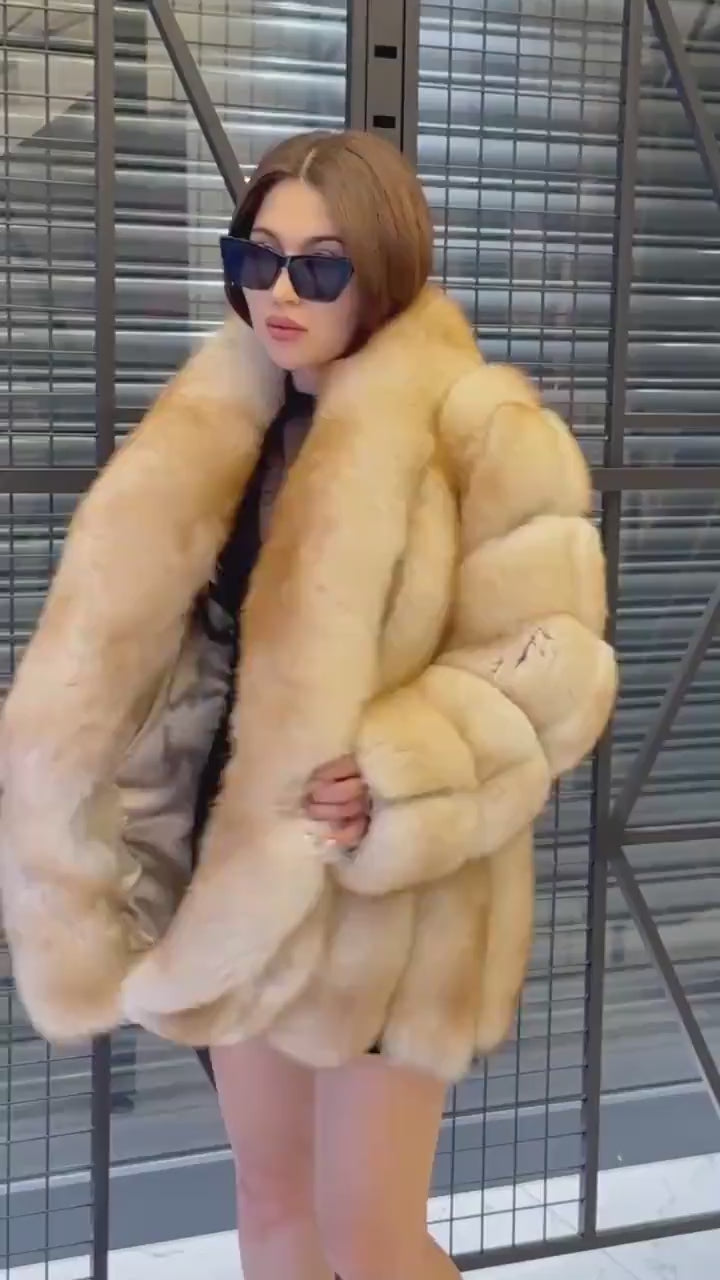 Gold Beige Fox Fur Coat: Women Fox Fur Jacket.. Winter Fox Fur Coat.. Premium Fox Fur Jacket __ Plus Size Fox Fur Coat
