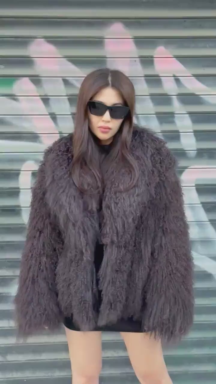 Women’s Brown Tibetan Fur Coat, Handmade Shaggy Mongolian Lamb Fur Jacket