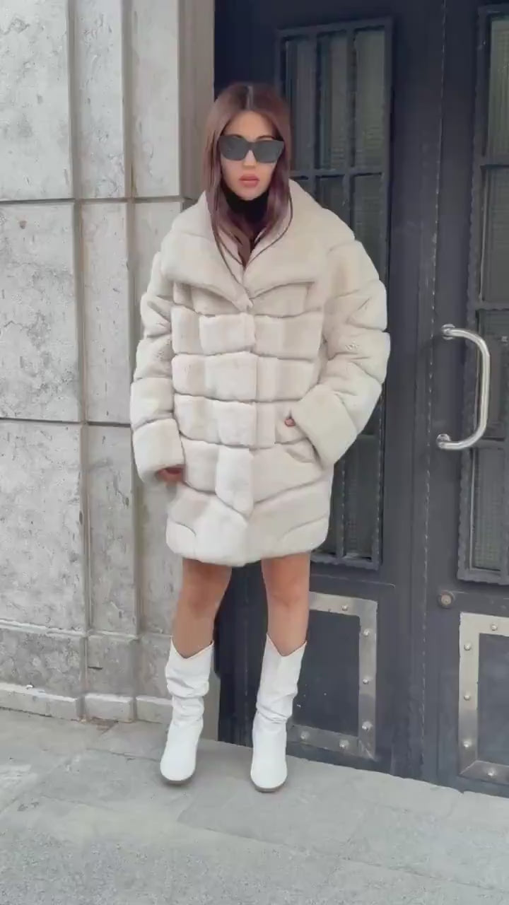 Women’s Beige Rex Fur Jacket, Luxury Handmade Short Rabbit Fur Coat
