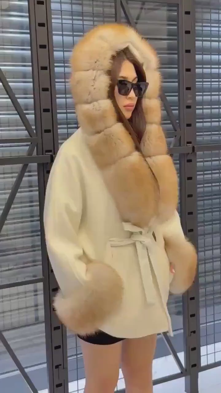 White Zibellino Virgin Wool Alpaca Coat, Women’s Hood Cuffs Fox Fur Jacket