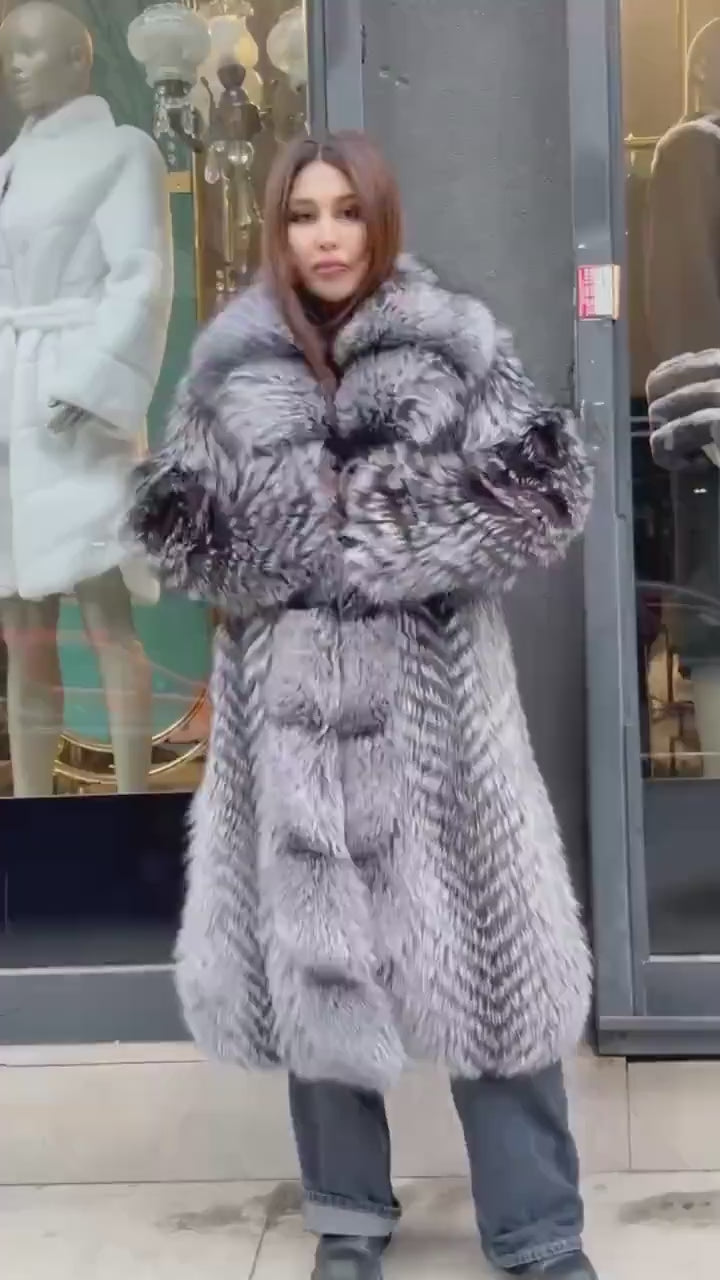Luxury Silver Frost Fox Fur Coat, Unisex Handmade Winter Long Fox Fur Jacket, Men Fox Fur Coat, Women Fox Fur Jacket