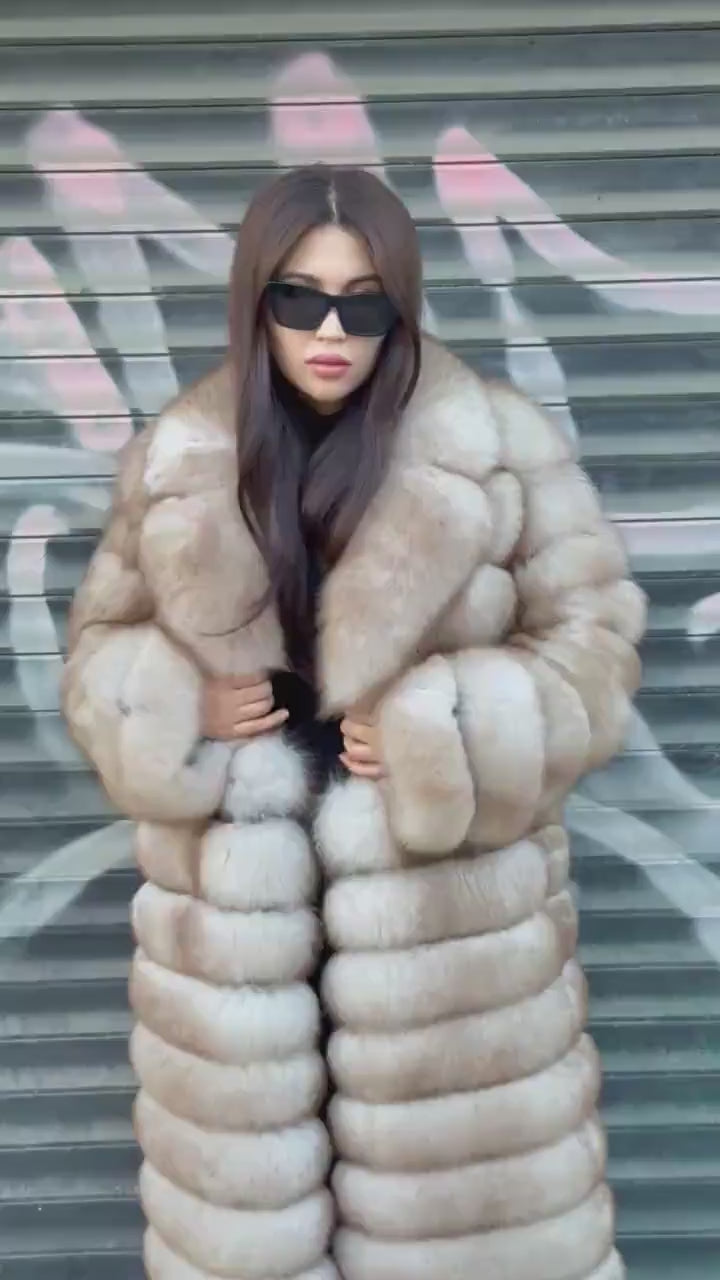 Golden Beige Fox Fur Coat , Handmade Luxury Long Fox Fur Jacket For Women
