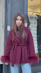 Burgundy Short Alpaca Wool Coat . Women Cuffs Fox Fur Jacket