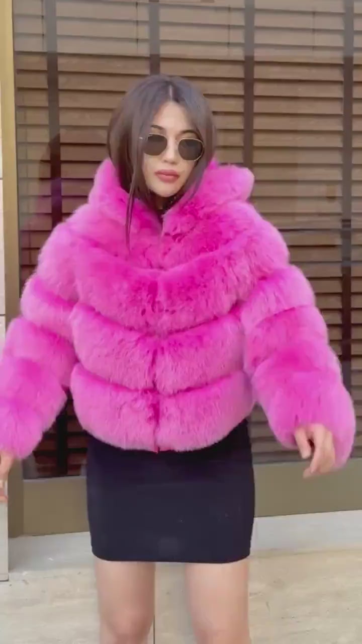 Women’s Pink Fox Fur Jacket, Handmade Luxury Detachable Hood Sleeves Short Fur Coat