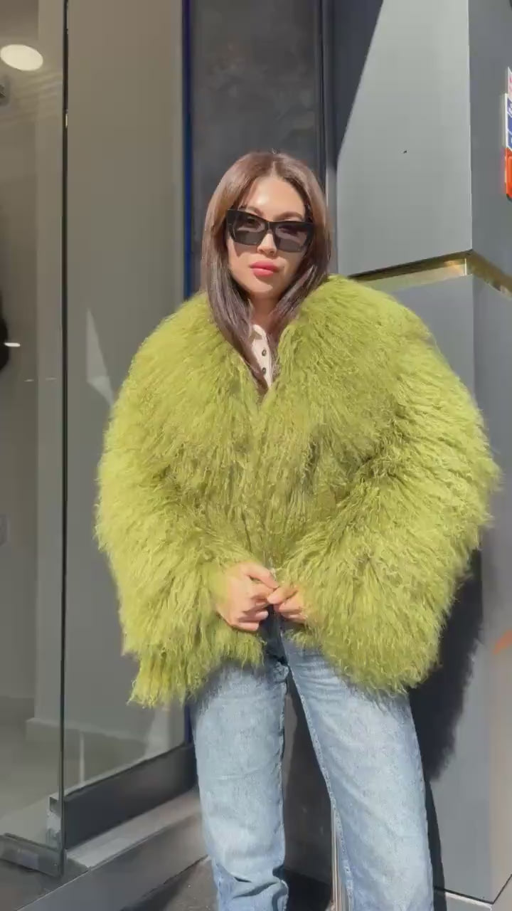 Women’s Green Tibetan Fur Coat, Handmade Shaggy Mongolian Lamb Fur Jacket
