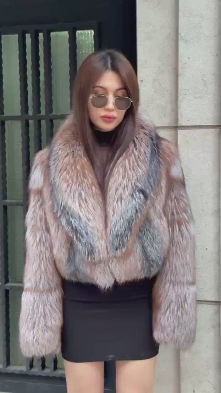 Natural Fox Fur Jacket, Handmade Cropped Women’s Frost Fur Coat
