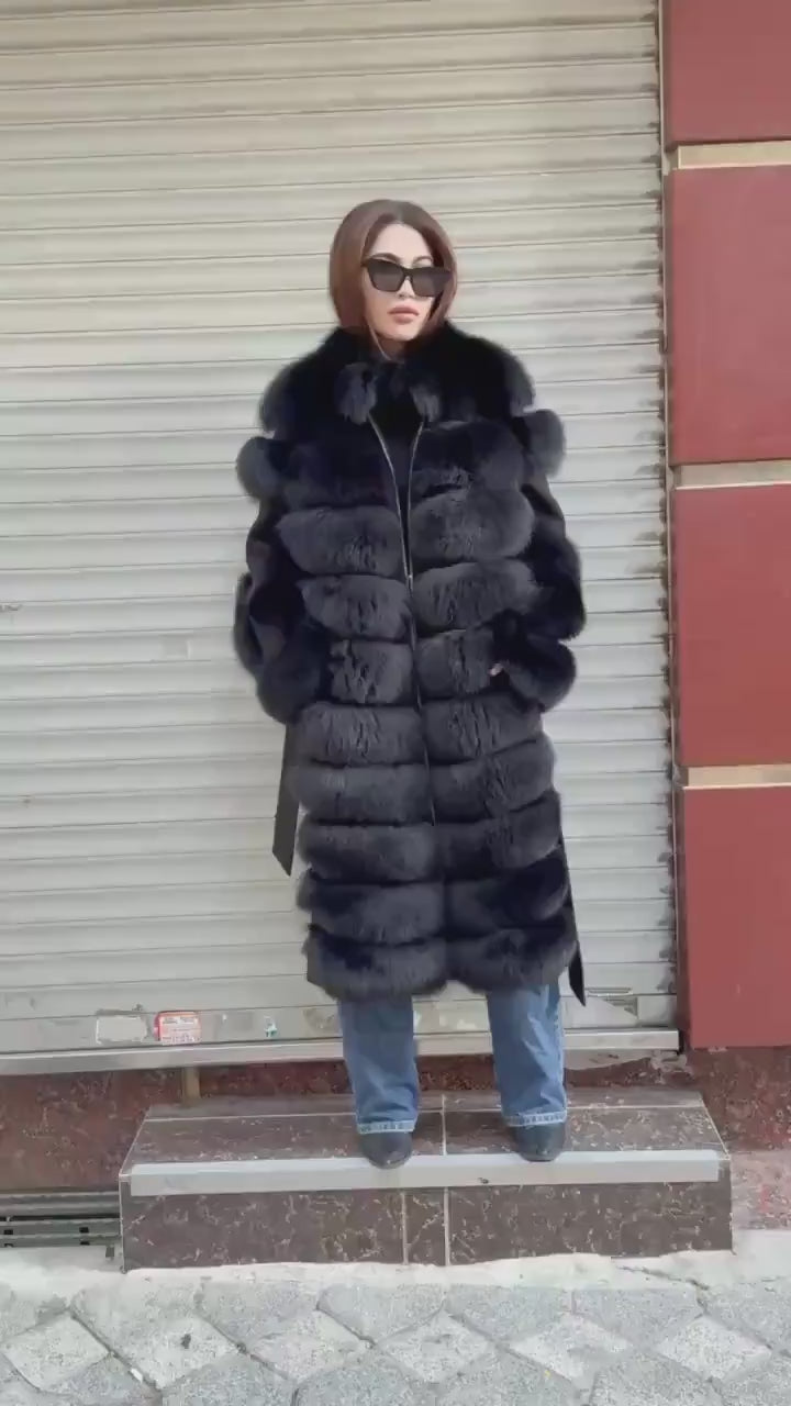 Long Black Fox Fur Jacket, Black Cashmere Coat.- Women Fox Fur Jacket..- Front Fox Fur Coat… Fox Fur