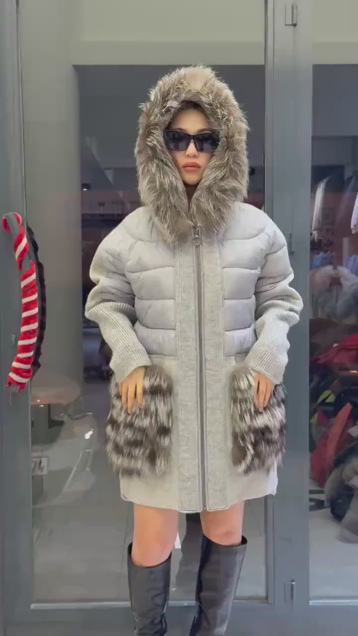 Gray Plus Size Puffer Coat, Women Hood&Pockets Fox Fur Jacket, Oversized Fox Fur Coat, Alpaca Wool Coat. Fox Fur Jacket