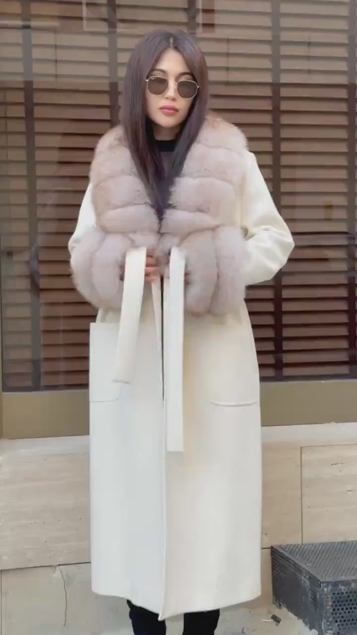 White Cashmere Cape, Collar Cuffs Fox Fur Jacket, Luxury Handmade Long Wool Coat Women