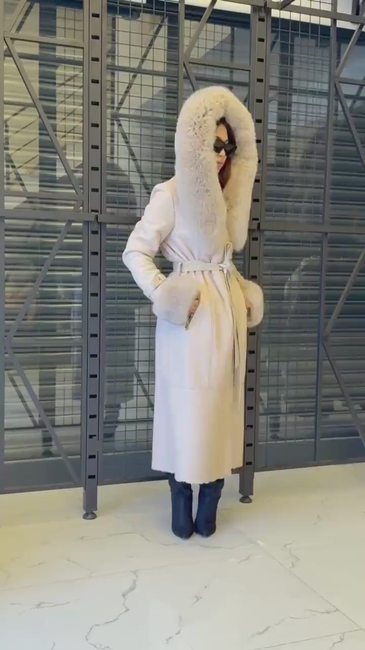 Beige Sheepskin Shearling Coat: Fox Fur Trim, Handmade Hooded Long Lamb Fur Jacket