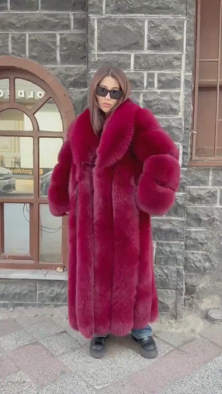 Long Burgundy Fox Fur Coat, Unisex Luxury Winter Fox Fur Jacket