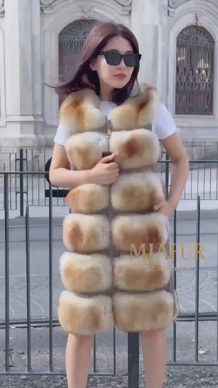 Luxury Red Fox Fur Vest with Leather Side Panels | Handmade Genuine Fur Gilet | Women’s Elegant Winter Outerwear - Gift For Her