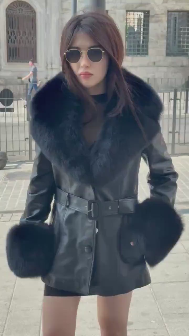 Luxury Black Leather Jacket , Detachable Collar & Cuffs Fox Fur Coat For Women