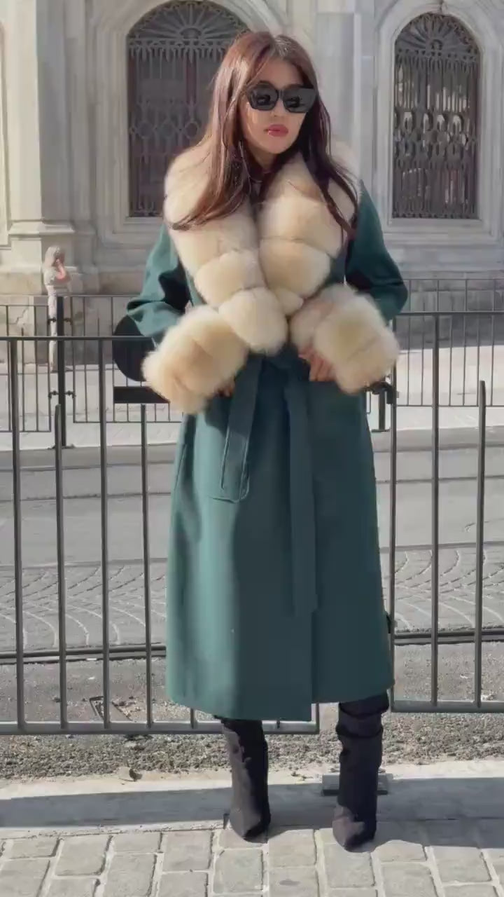 Emerald Green Cashmere Wool Long Coat, Handmade Women Collar Cuffs Fox Fur Jacket