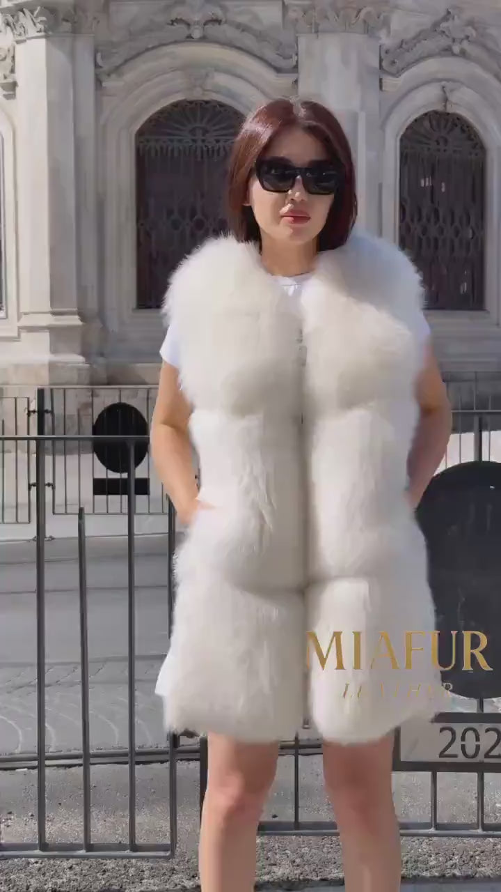 Luxury White Fox Fur Vest with Leather Side Panels | Handmade Genuine Fur Gilet | Elegant Winter Outerwear for Women - Gift For Her