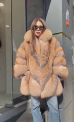 Women’s Frost Fox Fur Jacket - Luxury Handmade Winter Red Frost Fur Belted Cape Coat