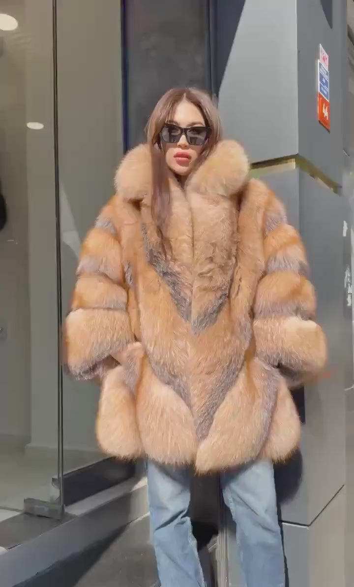 Women’s Frost Fox Fur Jacket - Luxury Handmade Winter Red Frost Fur Belted Cape Coat