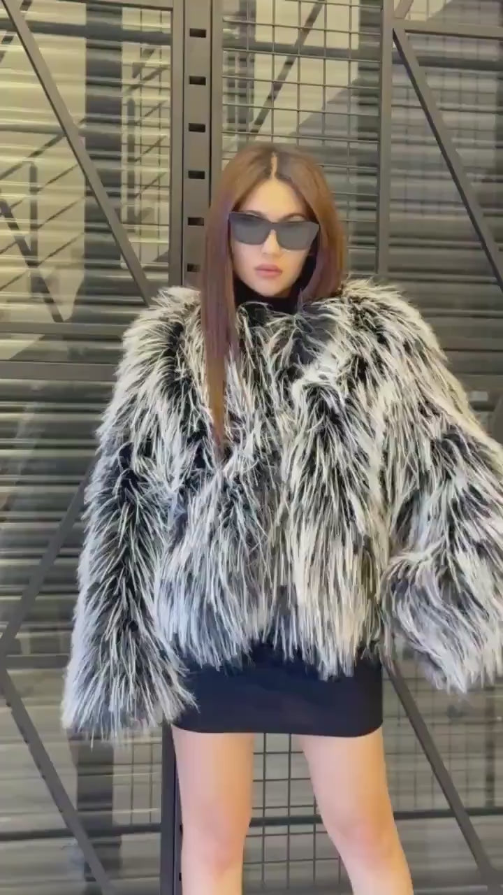 Gray Faux Goat Fur Coat, Short Vegan Winter Fur