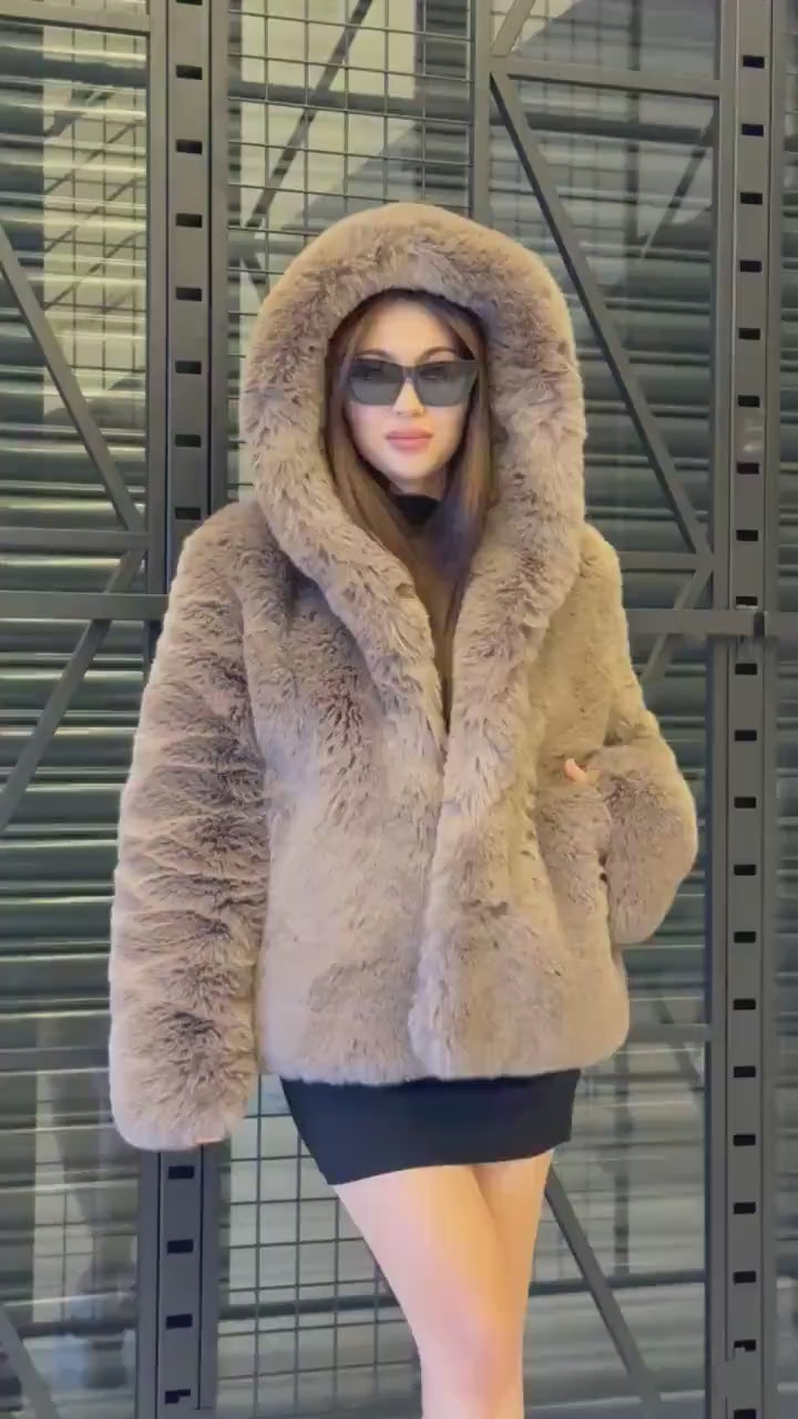 Handmade Brown Faux Teddy Fur Jacket, Luxury Women Hooded Vegan Fur Coat
