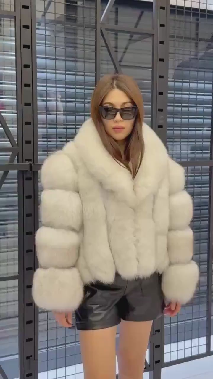 White Fox Fur Jacket, Women’s Handmade Short Fur Coat