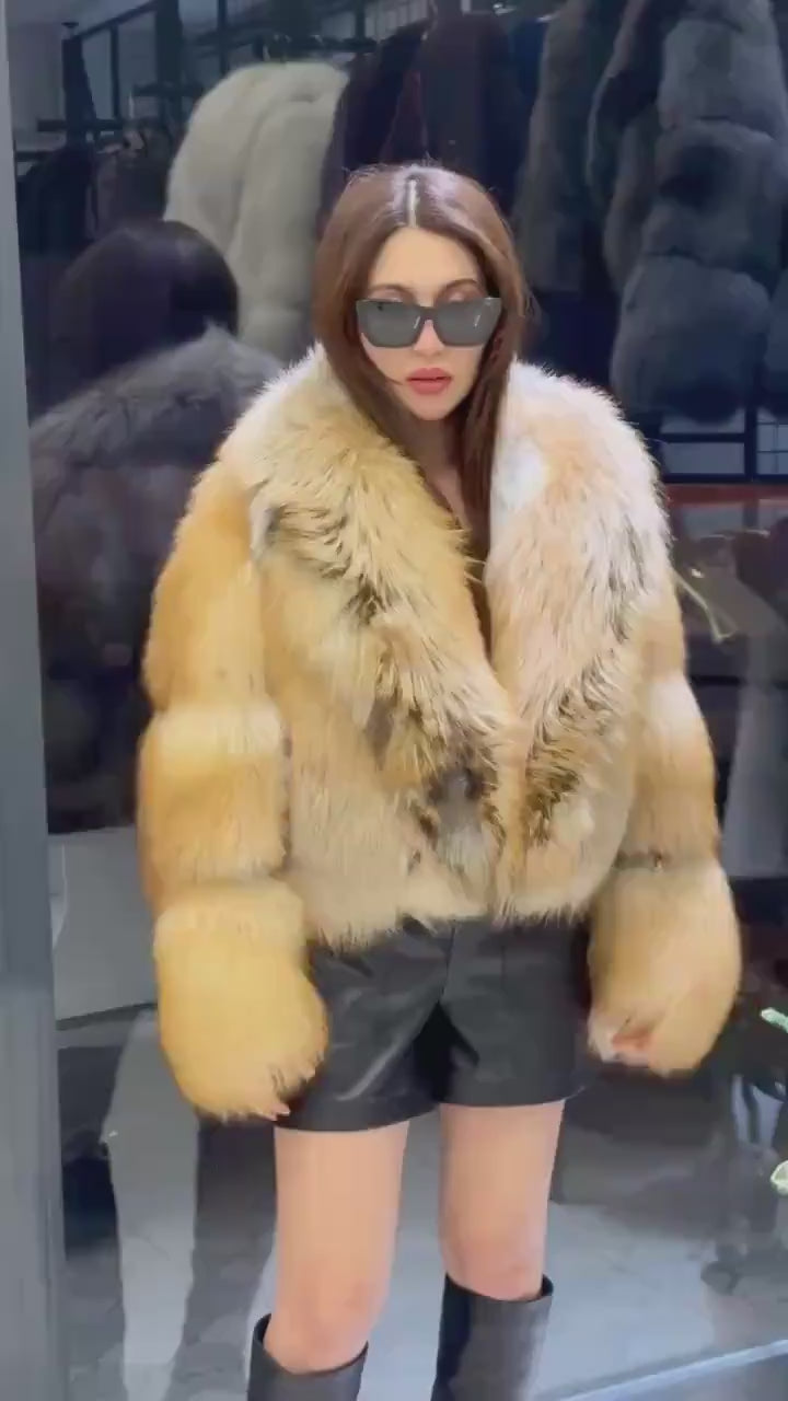 Gold Fox Fur Jacket, Women Fox Fur Coat,- Short Fox Fur Jacket.. Argentina Fox Fur_- Premium Fox Fur Jacket