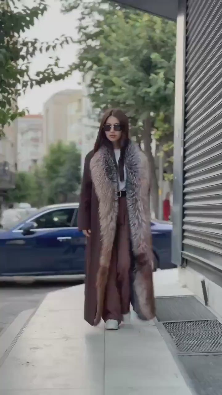 Brown Long Cashmere Coat, Front Argentina Fox Fur Jacket, Fox Fur Jacket..- Long Fox Fur Jacket..- Fox Fur