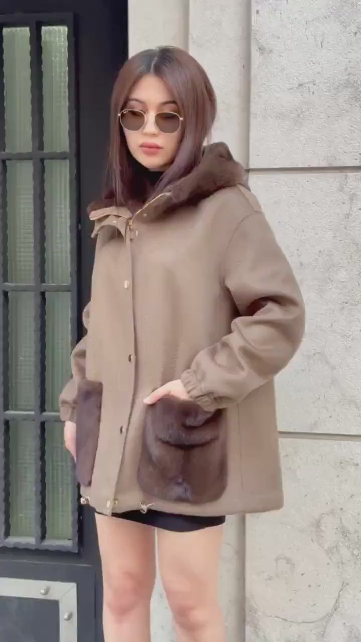 Mause Women’s Zibellino Alpaca Jacket, Handmade Hood Pocket Mink Fur Trim Virgin Wool Coat