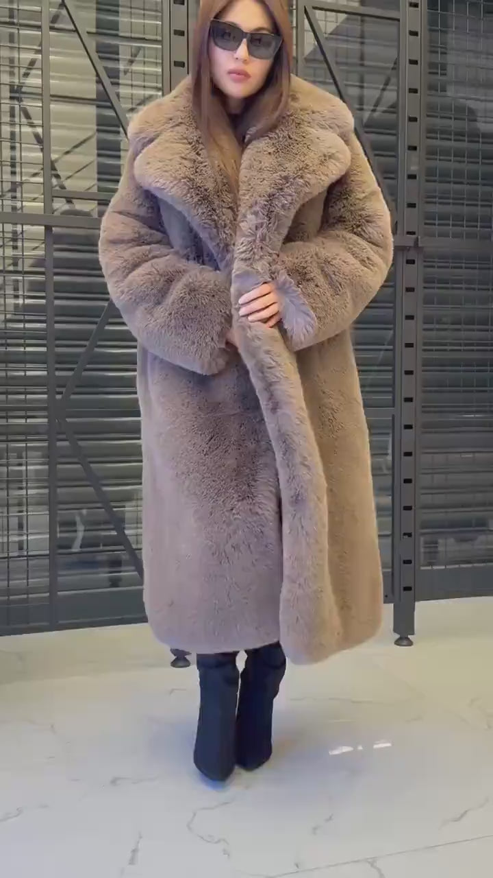 Brown Long Teddy Faux Fur Coat: Women Vegan  Soft Warm Plush Winter Fur Jacket