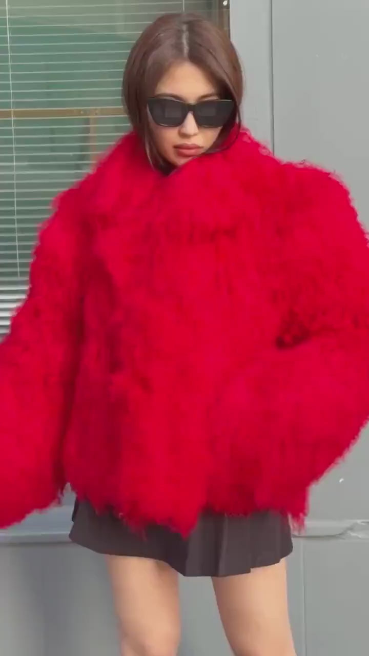 Women’s Red Tibetan Fur Coat, Handmade Shaggy Mongolian Lamb Fur Jacket