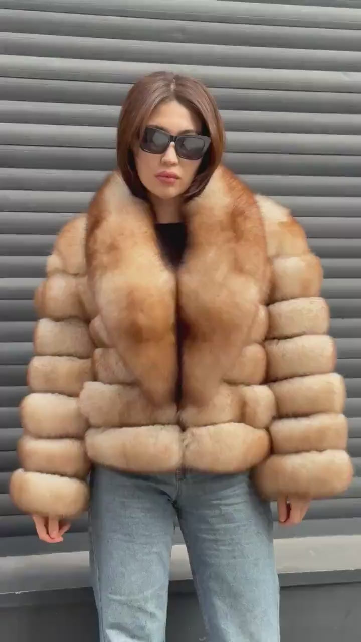 Tipink Beige Fox Fur Jacket: Short With Detachable Sleeves Fox Fur Coat, Women Fox Fur Jacket.. Soft Fox Fur