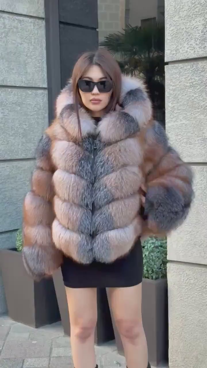 Genuine Fox Fur Jacket: Detachable Hood & Sleeves, Handmade Elegant Fur Coat