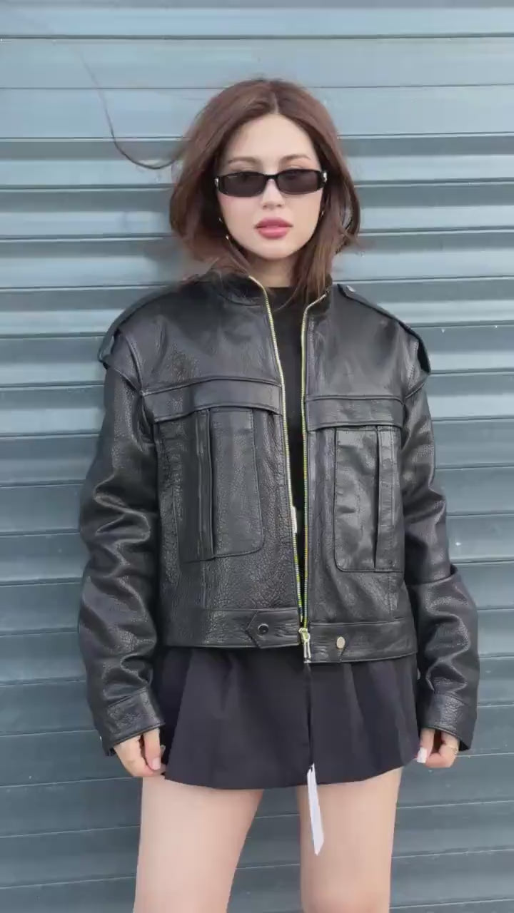 Black Women’s Leather Jacket | Short Jumbo Leather Jacket