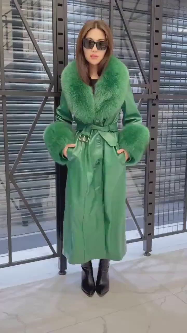Women’s Green Long Leather Trench Coat, Luxury Collar Cuffs - Fox Fur Jacket