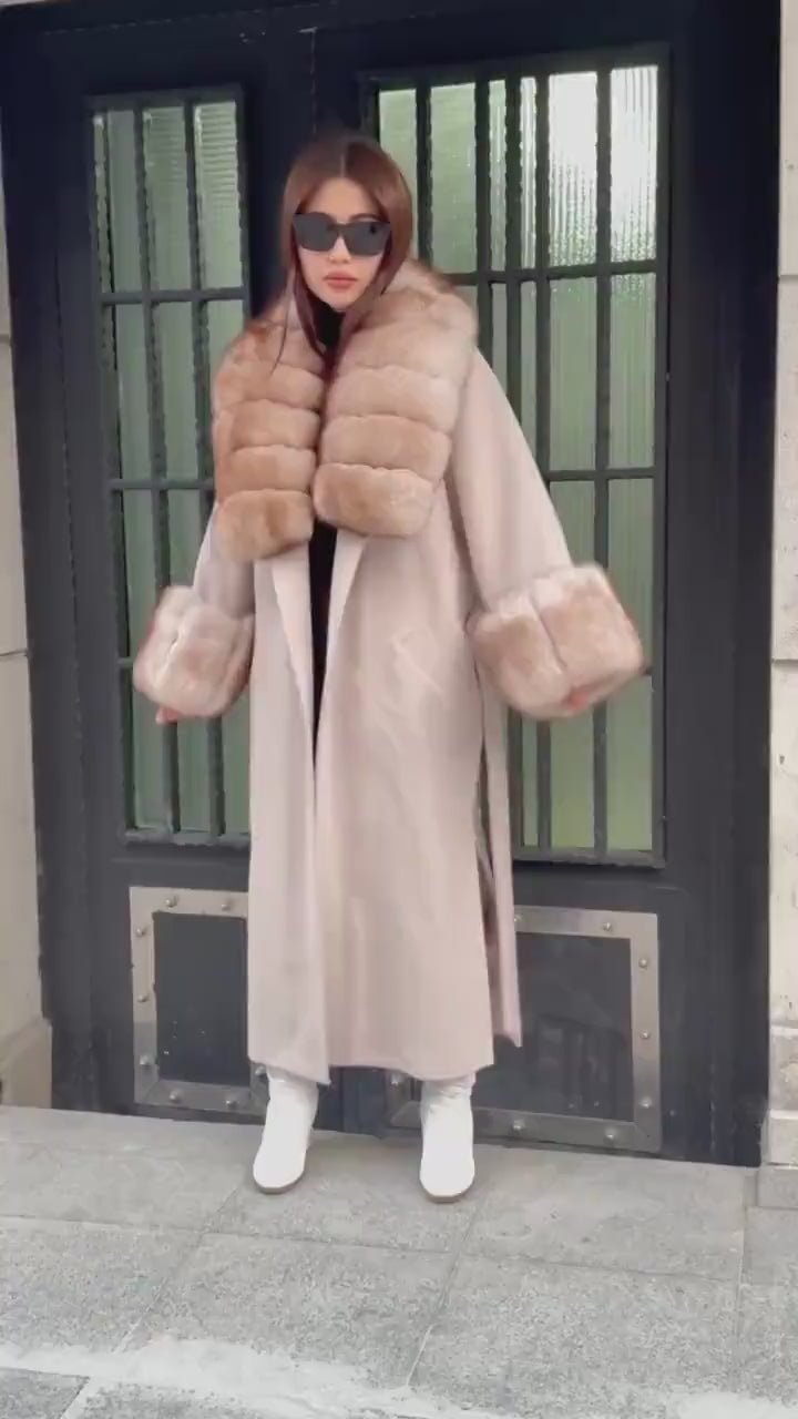 Beige Long Cashmere Wool Blend Coat . Womens Collar & Cuffs - Huge Fox Fur Jacket