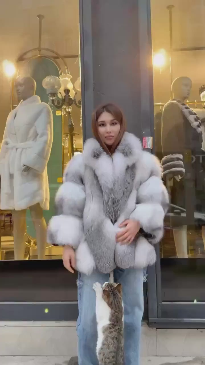 Women’s White Arctic Fox Fur Jacket - Short Belted Batwing Fox Fur Cape