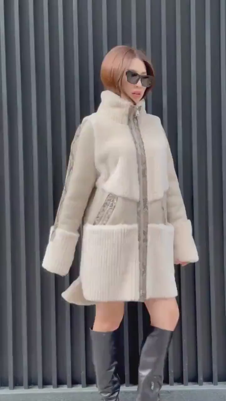 Women’s Beige Shearling Coat, Luxury Lambskin & Mouton Jacket with Python Accents