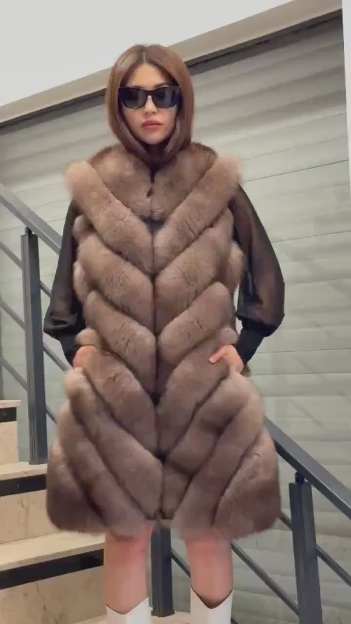 Women’s Brown Fox Fur Vest, Handmade Long Sable Color Fur Gilet