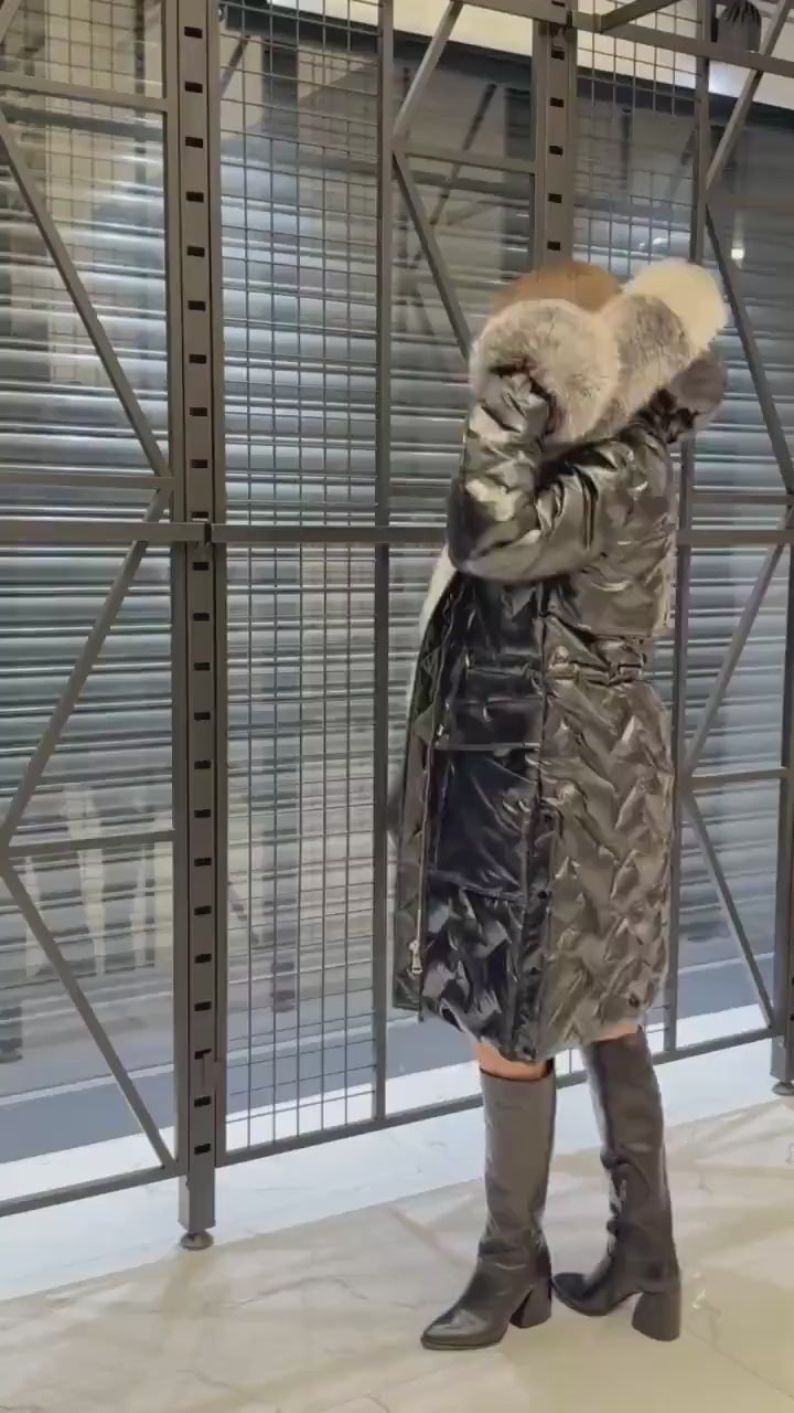 Black Parka Puffer Coat, Hood Front Fox Fur Jacket, Women Fox Fur Jacket - Frost Fox Fur, Cuffs Fox Fur Coat